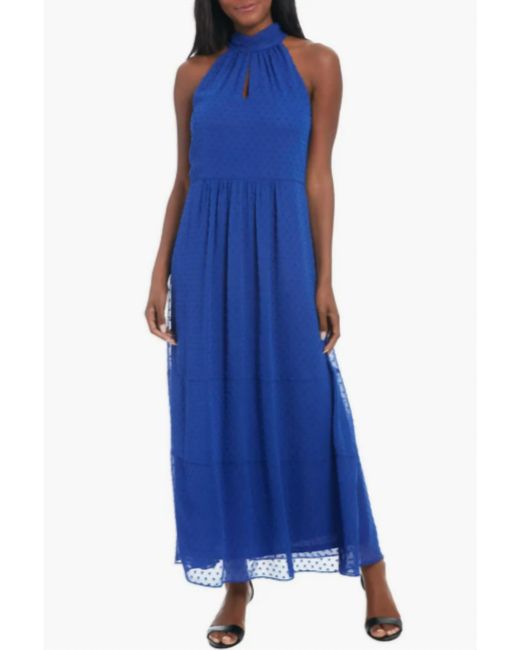 Maggy London Blue Swiss Dot Keyhole Halter Dress