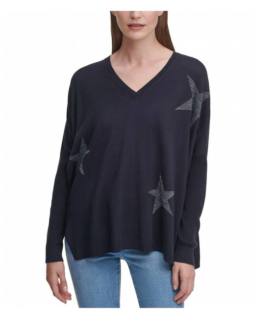 DKNY Women's Blue Glitter Star Print V-Neck Pullover Sweater
