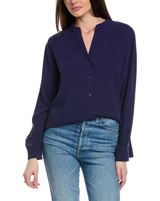 Eileen Fisher Blue Mandarin Collar Silk Shirt