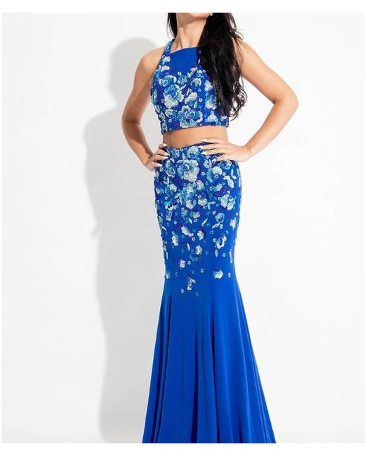 Rachel Allan Blue Two-Piece Beaded Jersey Prom Gown
