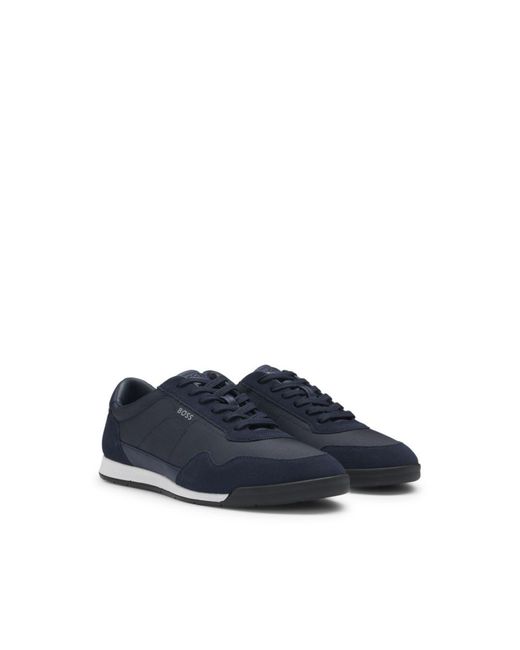 Boss Blue Mixed-Material Lace-Up Trainers With Suede Trims for men