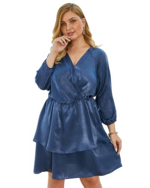 TRUEDAMES Blue Plus Size Solid V Neck Ruffled Hem Dress