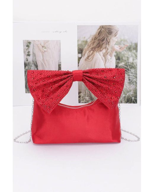 Fashnzfab Red Rhinestone Hotfix Bow Handle Nylon Clutch