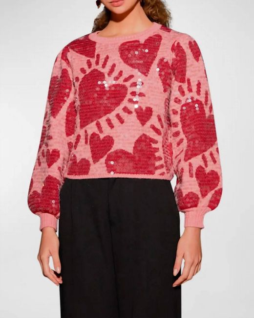 Farm Rio Red Heart Sequins Sweater In Pink