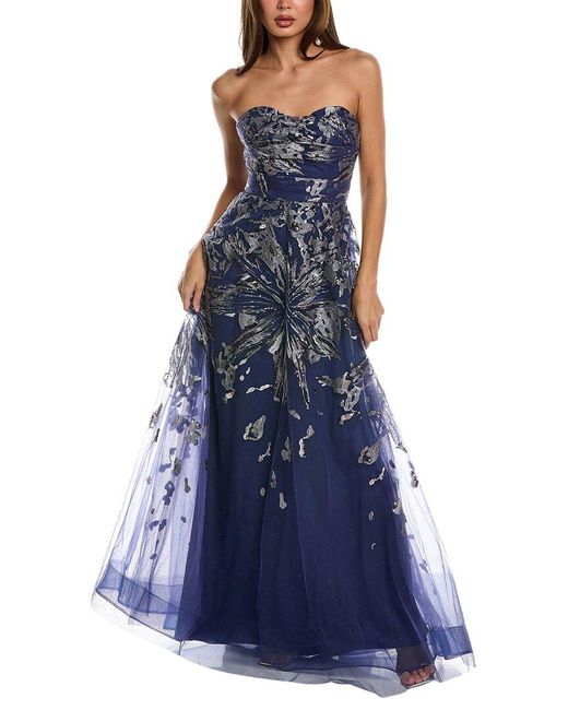 Rene Ruiz Blue Embroidered Tulle Gown