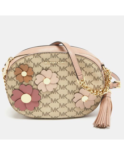 Michael Kors Metallic Old Rose/beige Signature Coated Canvas And Leather Floral Applique Ginny Crossbody Bag