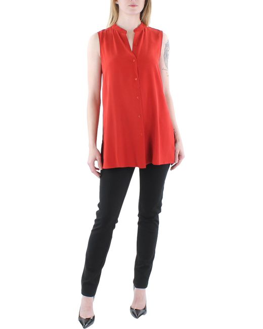 Eileen Fisher Red Silk Banded Collar Blouse