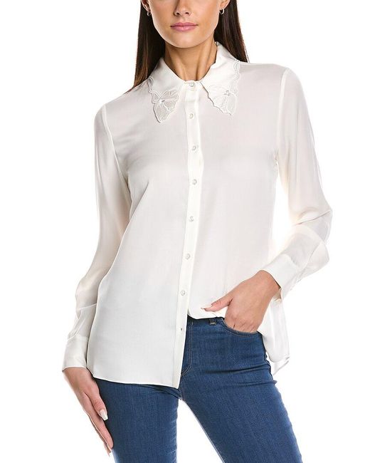 Elie Tahari White Embroidered Collar Silk Shirt
