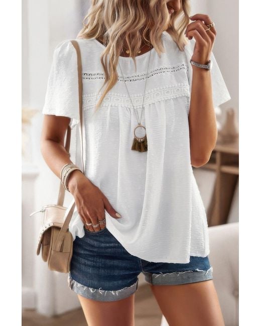 TRUEDAMES White Plus Dot Cut Out Lace Trim Loose Fit Top