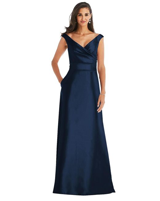 Alfred Sung Blue Off-the-shoulder Draped Wrap Satin Maxi Dress