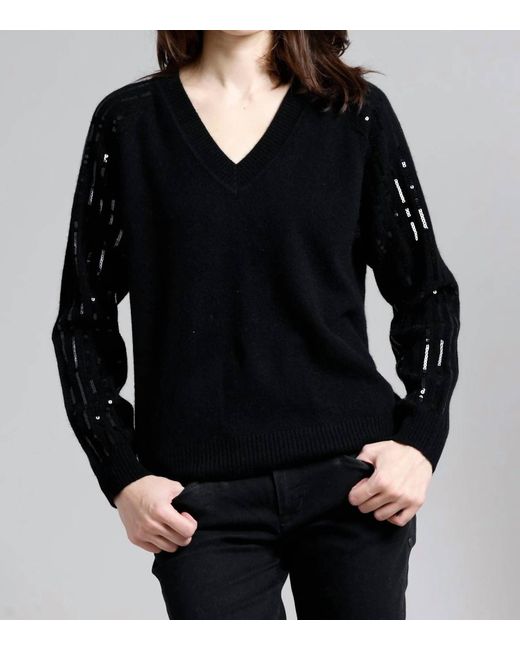 Minnie Rose Black Cashmere V-Neck Sweater With Sequined Sleeves