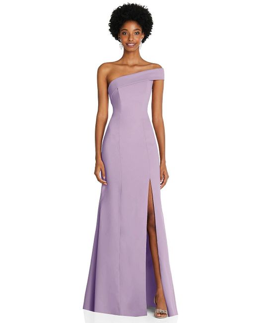 After Six Purple Asymmetrical Off-the-shoulder Cuff Trumpet Gown With Front Slit