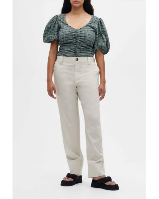 Ganni Seersucker V-neck Blouse in Green | Lyst