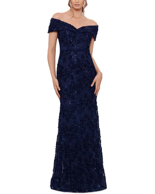 Xscape Blue Lace Sequined Evening Dress