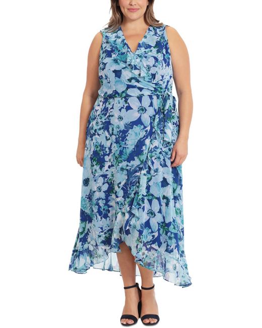 London Times Blue Plus Floral Print Maxi Wrap Dress