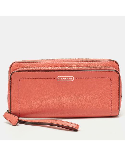 COACH Red Coral Leather Zip Around Wallet