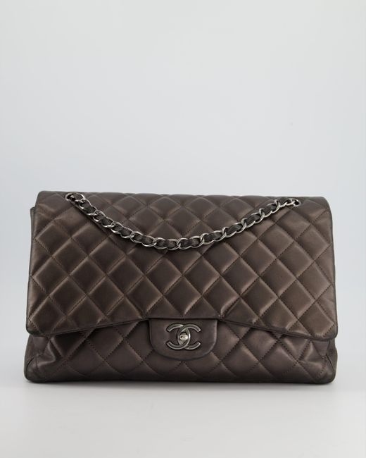 Chanel Gray Metallic Classic Maxi Bag With Single Flap And Silver Hardware