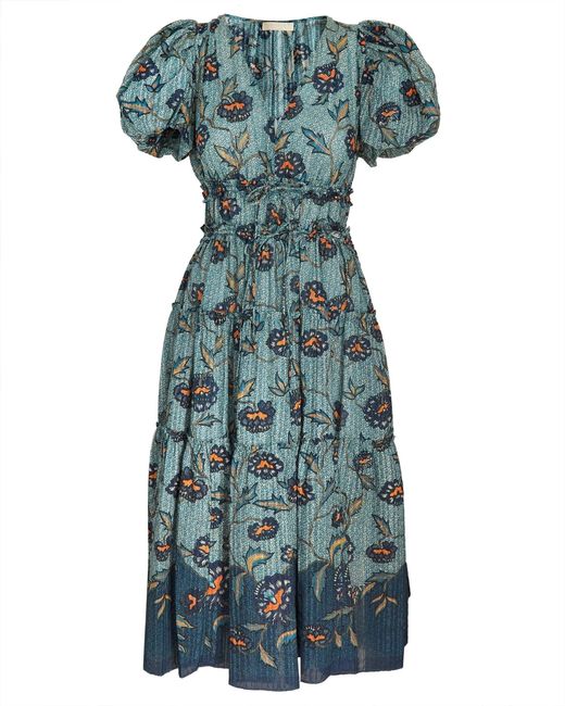 Ulla Johnson Blue Eloisa Short Puff Sleeve Tiered Midi Dress Cornflower