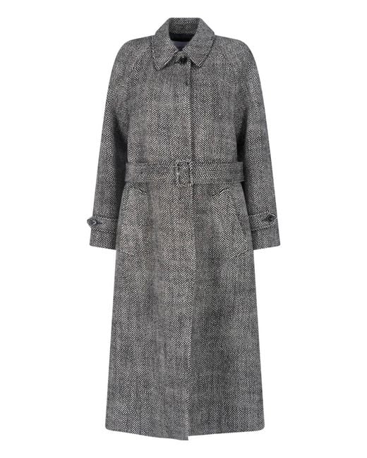 Lardini Gray Herringbone Belted Long Coat