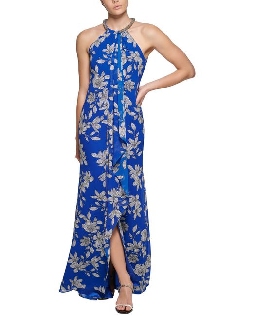 Calvin Klein Blue Drapey Halter Evening Dress