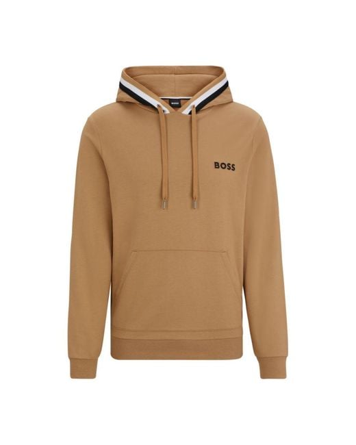 Boss Brown Cotton-terry Hoodie With Logo And Signature Stripe for men