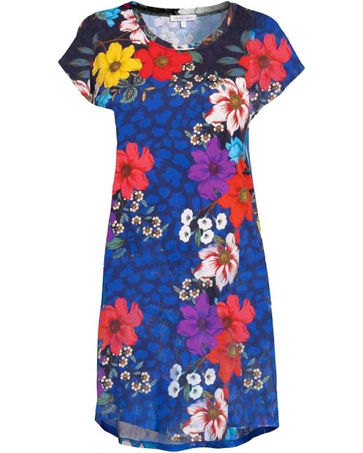 Johnny Was Blue Color Archimal Floral Print Cap Sleeve Dress Night Shir