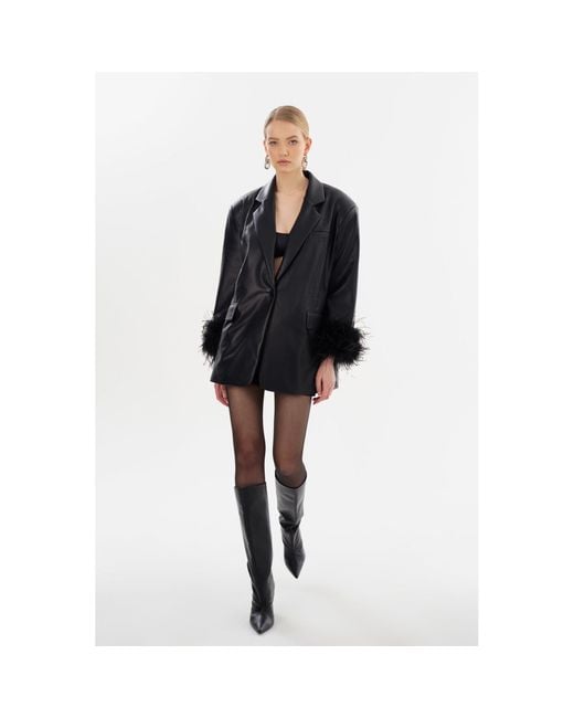 Lamarque Black Galia Feather Trim Blazer
