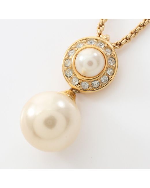 Dior Metallic Necklace Gp Fake Pearl Rhinestone Gold Offclear