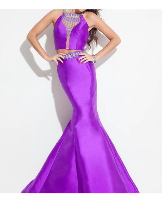 Rachel Allan Purple Mikado Two-Piece Mermaid Prom Gown