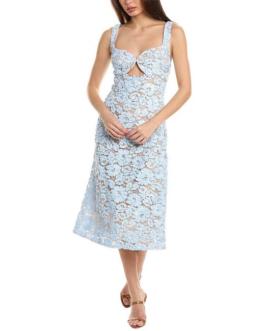 Michael Kors Blue Embellished Floral Lace Cutout Silk-lined Midi Dress