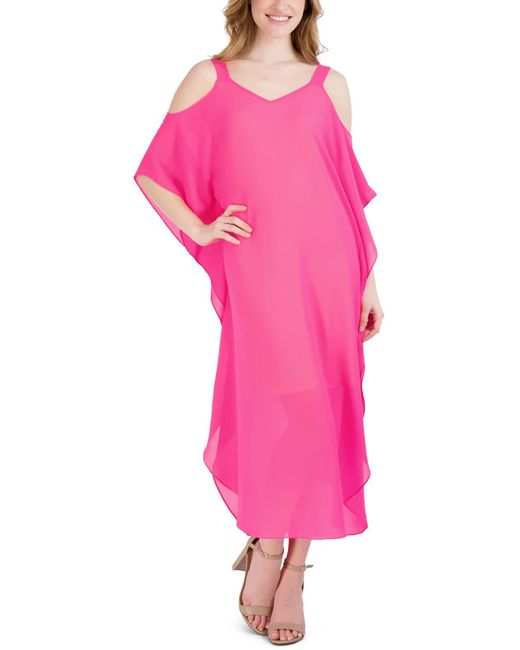 Signature By Robbie Bee Pink Chiffon Cold Shoulder Midi Dress