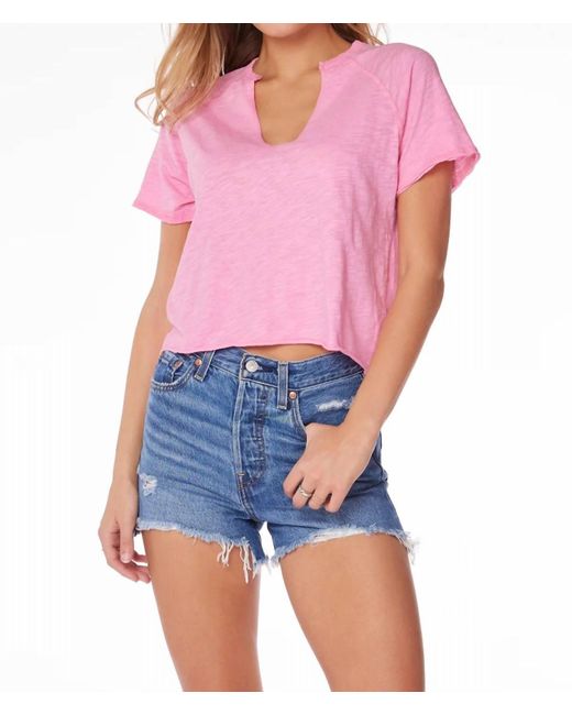 Bobi Pink Split Neck Short Sleeve Boxy Raglan Tee