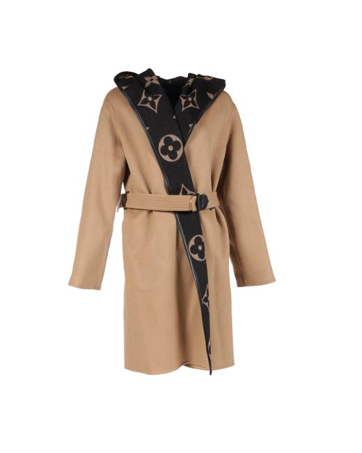 Louis Vuitton Brown Monogram Giant Hooded Wrap Coat Gown Coat Wool Silk Light