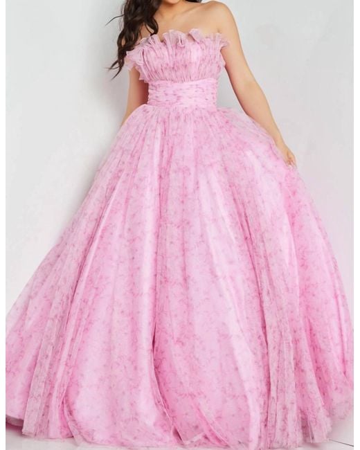 Jovani Pink Floral Print Ruffle Neckline Ballgown