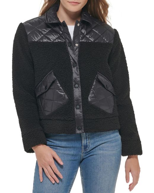 Calvin Klein Black Mixed Media Sherpa Quilted Coat