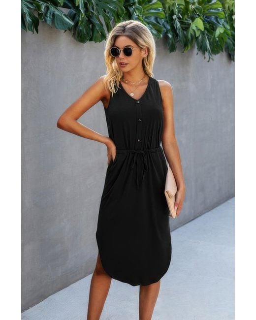 TRUEDAMES Black Solid V Neck Drawstring Waist Curved Hem Dress