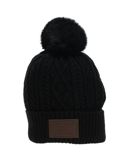 Hooey Black Winter Leather Patch Pom Beanie