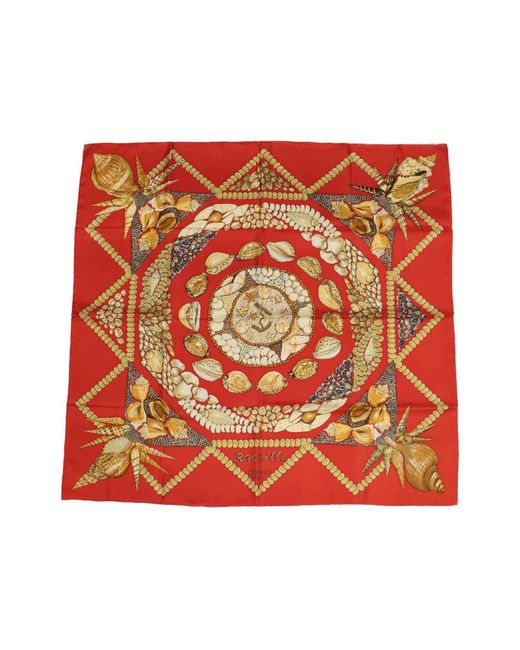 Hermès Red Hermes Carre 90 Rocaille Scarf Silk Auth Hk761