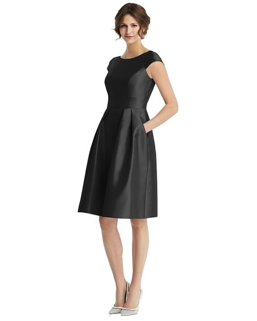Alfred Sung Black Cap Sleeve Pleated Cocktail Dress With Pockets