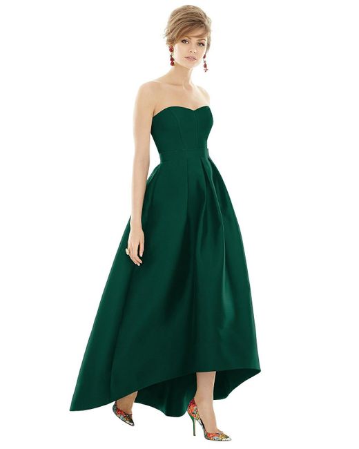 Alfred Sung Green Strapless Satin High Low Dress With Pockets
