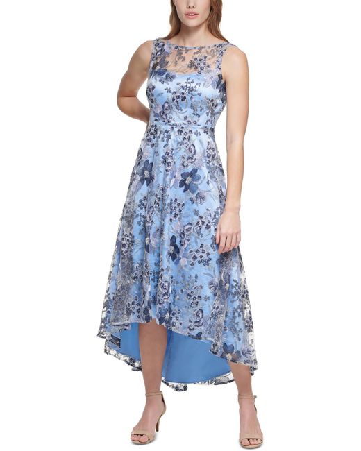 Eliza J Blue Mesh Sequined Evening Dress