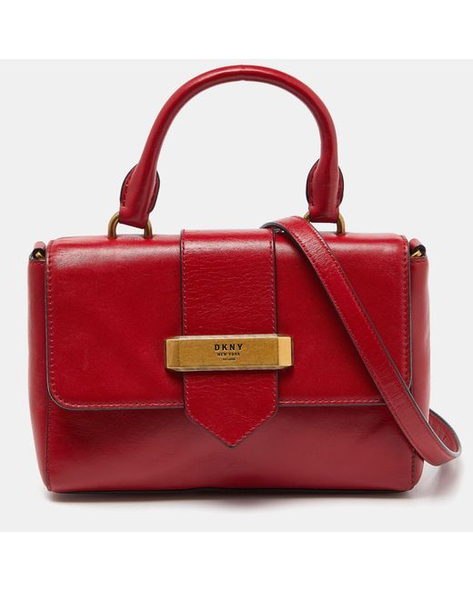 DKNY Red Leather Metal Logo Flap Top Handle Bag