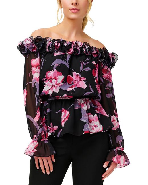 Adrianna Papell Red Floral Ruffled Blouse