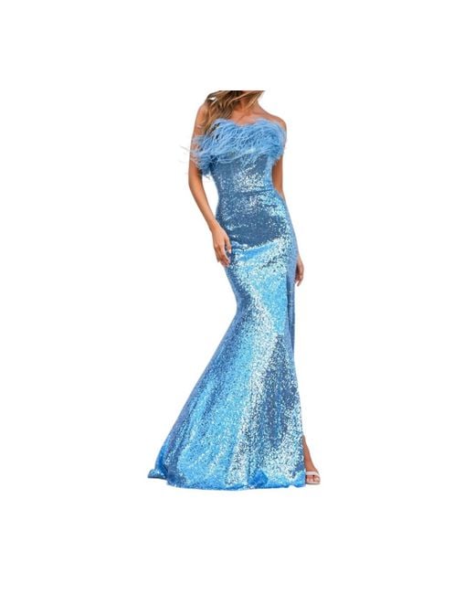 Sherri Hill Blue Feather Fringed Sequin Evening Gown