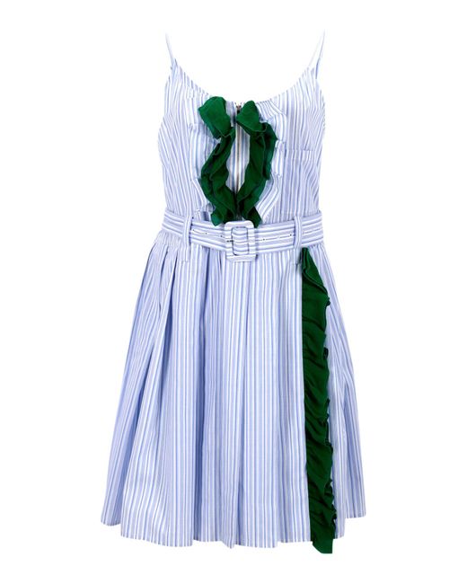 Prada Blue Ruffled Striped Mini Dress