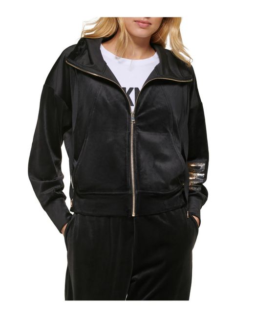 DKNY Black Velour Sequined Zip Hoodie