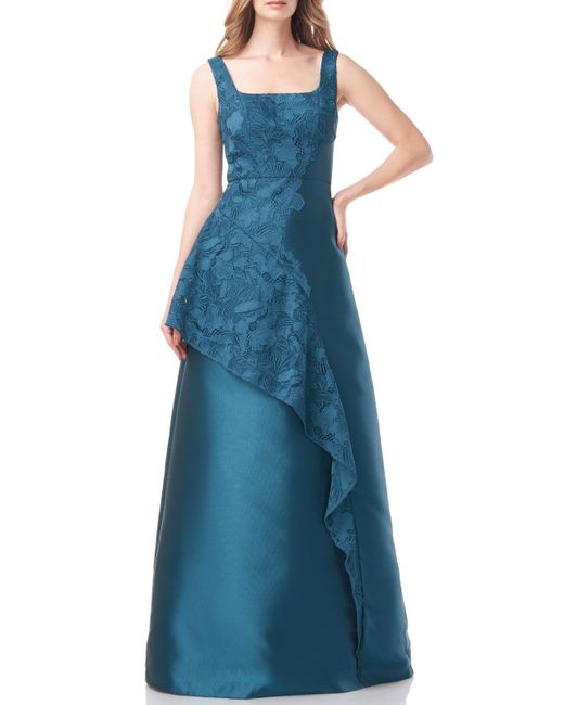 Kay Unger Blue Paloma Lace Inset Ruffle Evening Dress