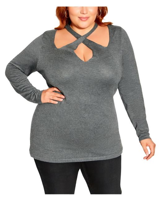 City Chic Gray Plus Mia Crossover Neck Cut Out Blouse