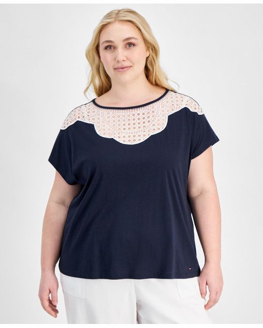 Tommy Hilfiger Blue Top Cotton Lace-Bib Extended Sleeve Fts1208