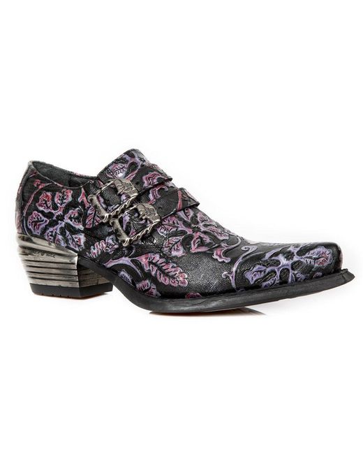 New Rock Black 7960-S8 Embossed Vintage Leather Heel Shoes for men